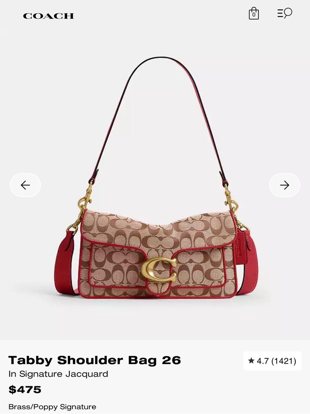 NWT Coach Tabby Shoulder Bag 26 in Brass/Poppy Signature